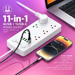 Мережевий фільтр Earldom ES-SC09 3000W 11-в-1 з 6 розетками, 4 USB-A та USB-C, білий - мініатюра 6