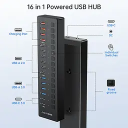 Розумний USB hub Acasis DS-516PB на 16 портів USB-C/USB 5 Гбіт/с розгалужувач з живленням від мережі (Чорний) - мініатюра 2