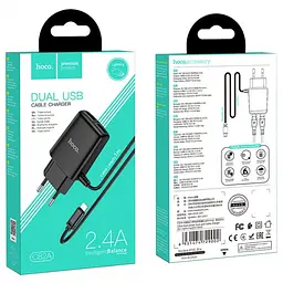 Зарядний пристрій HOCO з двома портами USB з вбудованим кабелем чорне для телефонів планшетів - мініатюра 2