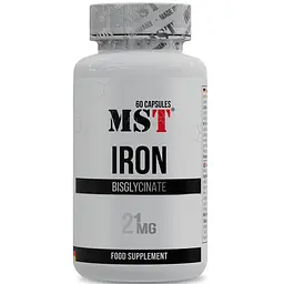 Вітамін С та залізо MST Nutrition Iron Bisglycinate, 60 капсул для профілактики залізодефіцитної анемії