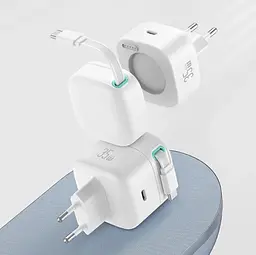 МЗП USAMS US-CC202 PD35W Dual 2C Output GaN Fast Charger With Type-C Magnetic Retractable Cable Module (EU) White - мініатюра 5