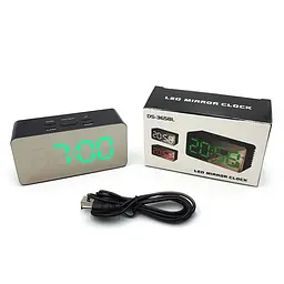 Дзеркальний LED годинник з будильником та термометром UKC DS-3658L із зеленим підсвічуванням чорний