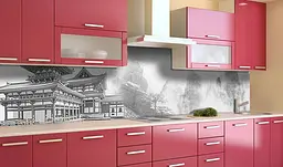 Вініловий кухонний фартух Східний храм у горах наклейка для кухні ПВХ Архітектура Сірий Happy Pocket Z181422 - мініатюра 2