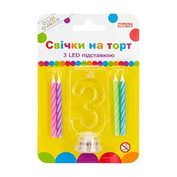 Свічка Maxi 4 шт. на торт з LED підставкою "3", що світиться (MX701007-3)