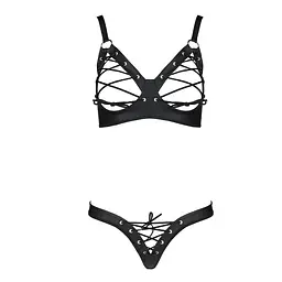 Комплект Passion CELINE BIKINI 2XL/3XL black відкритий бра з стрічками стрінги з шнурівкою, екошкіра - мініатюра 3