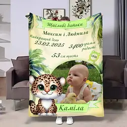 Плед 3D з метрикою Метрика для дівчинки Леопардик 1 фото 31151 160х200 см