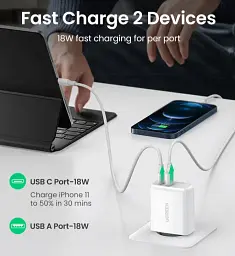 Адаптер живлення для телефону Ugreen CD170 White USB+USB Type-C Wall Charger 36W 3A - мініатюра 3