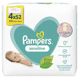 Дитячі вологі серветки Pampers Sensitive, 208 шт. (4 упаковки по 52 шт.)