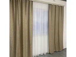 Льняні мармурові блекаут штори світло-коричневого кольору 2шт. 150х270 з білим шифоновим тюлем 400х27 ALBO pbe0052665 - мініатюра 2