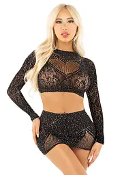 Комплект кроп-топ і спідниця Leg Avenue Rhinestone, One Size, чорний, з довгим рукавом - мініатюра 1