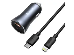 Автомобільний зарядний пристрій BASEUS Golden Contactor Pro Dual Car Charger U+C 40 W + USB-C to Lightning Dark Gray (TZCCJD-B0G) - мініатюра 1