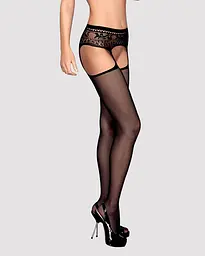 Сітчасті панчохи-стокінги з мереживним поясом Obsessive Garter stockings S307 XL/XXL, чорні - мініатюра 1