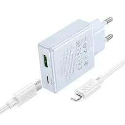 МЗП Hoco C142A Direct PD20W+QC3.0 (1USB-A/1C) + кабель Type-C to Lightning Blue - мініатюра 3