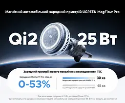 Магнітний автотримач із бездротовим заряджанням UGREEN MagFlow Pro W778 Qi2 до 25 Вт для iPhone 16–17 з iOS 26+ до 15 Вт для iPhone 12–15 для 25 Вт потрібен адаптер PD від 45 Вт на одному порту без чохла або з MagSafe активне охолодження TEC і вентилятор кріплення на вертикальну/горизонтальну решітку обертання 360° LED-індикатор кабель USB-C ↔ USB-C 1,5 м у комплекті темно-сірий із чорним сріблястим оздобленням і білими написами (75250) - мініатюра 13
