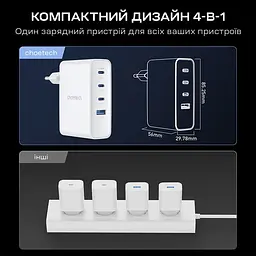Мережевий зарядний пристрій Choetech PD9002 PD100W GAN USB-A+3xUSB-C White (43-00172) - мініатюра 6