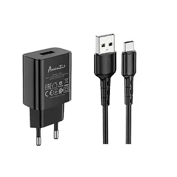Мережевий зарядний пристрій Avantis A820 (1USB/2.4A) + USB кабель Type-C- чорний