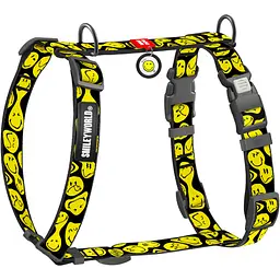 Шлея для собак Waudog Nylon анатомічна H-подібна з QR-паспортом розмір M 2х38-60х46-60 см смайли на чорному 