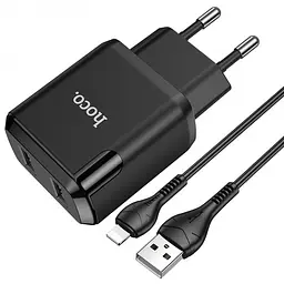 Зарядний пристрій 220В 2 USB з кабелем USB - Lightning Hoco N7 Speedy Чорний - мініатюра 5
