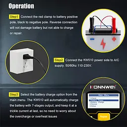 Автомобільний зарядний пристрій та тестер акумуляторів Konnwei KW510 цифровий аналізатор батарей 6V/12V, 4-100Ah (19506) - мініатюра 8