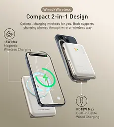 Універсальна мобільна батарея Choetech Magnetic Wireless 10000mAh 20W PD USB-C In/Out, Qi-15W - мініатюра 4