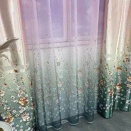 Атласні штори з квітами бірюзового кольору 150х270 з тюлистом батистовим 400х270 на тасьме ALBO pbe0052731 - мініатюра 4