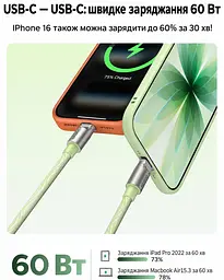 Кабель-ремінець UGREEN L508 USB-C - USB-C 60 Вт 1,2 м зелено-білий (35500) - мініатюра 8
