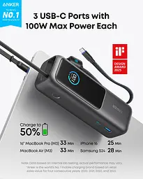 Портативний зарядний пристрій 25000 mAh 165W PD Built-In Double USB-C Cables Black Anker teh0027059 - мініатюра 4