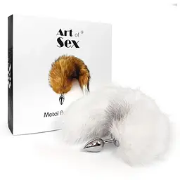 Металева анальна пробка Art of Sex з хвостом із натурального хутра Size M White fox - мініатюра 5