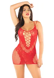 Еротична мінісукня Leg Avenue Lace and Net Mini Dress, Red, One Size, ажурна, відкрита спина