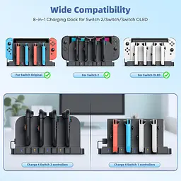 Зарядна док-станція YUANHOT 9-в-1 для контролерів Nintendo Switch 2, OLED, Original, Joy-Con двоспрямована магнітна станція чорна (SKU-032) - мініатюра 3