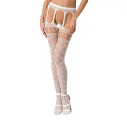 Еротичні колготки-бодістокінги Passion S025 One Size, White, імітація ажурних панчішок з пояском - мініатюра 1