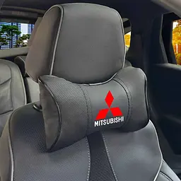 Подушка на підголівник з логотипом Mitsubishi Екошкіра 3D Кольоровий лого Чорна-Чорний кант 1 шт