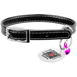 Нашийник для котів Waudog Glamour шкіряний з еластичною вставкою та QR паспортом 17-20х0.9 см чорний