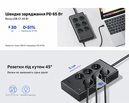 Мережевий фільтр із USB-заряджанням UGREEN S652 1,5 м подовжувач 6 розеток Schuko 2×USB-C + 2×USB-A навантаження розеток до 3680 Вт USB сумарно до 65 Вт USB-C1 PD 3.0 PPS до 65 Вт при окремому використанні із загальним вимикачем із захисними шторками розеток з можливістю настінного кріплення розетки під кутом 45° темно-сірий (55286) - мініатюра 4