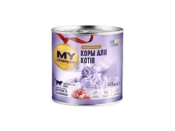 Консервований корм для котів Мій чемпіон Консерва 415г шматочки з Куркою та Телятиною