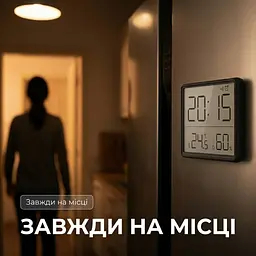 Годинник з термометром та гігрометром, цифровий будильник 9×7 см, з магнітним кріпленням, чорний - мініатюра 10