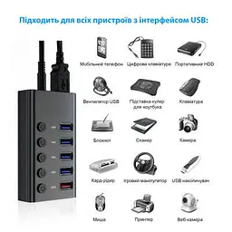 Концентратор Dynamode 5 ports USB3.0 to 4*USB3.0+2.4А Power Adapter 2.5A/12V (DM-UH-P405-G) - мініатюра 4