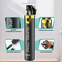 Професійний бездротовий тример для волосся акумуляторний VGR Professional Hair, 1500 mAh, USB, Чорний (4693226630) - мініатюра 7