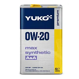 Автомобільна моторна олива YUKO MAX SYNTHETIC A-A 0W-20 4л 4823110401514