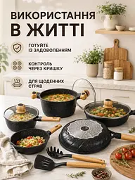 Набір каструль і сковорідок 10 предметів із литого алюмінію для всіх плит, розміри 18–28 см, чорний мармур (49676281) - мініатюра 4
