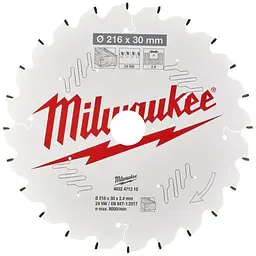 Диск пиляльний по дереву для торцювальних пил PFTE MILWAUKEE, діаметр 216х30х2,4мм, 24 зуб.