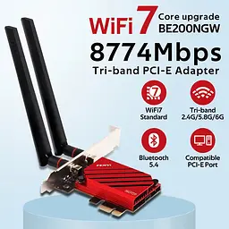 Мережева карта PCI-E Fenvi FV-BE8800 Wi-Fi 7 тридіапазонний адаптер модуль Bluetooth 5.4 Black Red (19127) - мініатюра 4