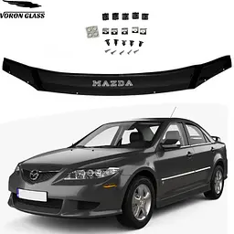 Дефлектор капоту мухобійка для Mazda 6 2002-2008 Євро Кріплення (Voron Glass)