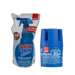 Бачок для миття унітазу Sano Blue Flash, 150 г & Універсальний засіб Sano Clear для чищення стекол та різних поверхонь, 750 мл (запаска) (287607, 117275)