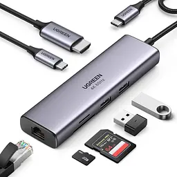 Док-станція USB3.1 Type-C --> HDMI 4K60Hz/USB 3.0x2/RJ45/SD/TF/PD 100W Ugreen CM512 Сіра - мініатюра 2