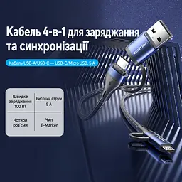 Кабель 4-в-1 Vention CTLLF USB-C/USB-A - USB-C/Micro-USB PD 100 Вт 1 м синій (CTLLF) - мініатюра 3