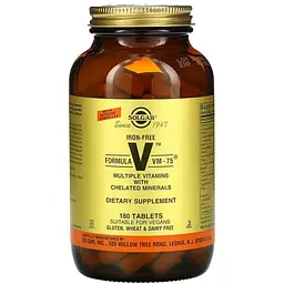 Мультивітаміни та хелатні мінерали Solgar Formula V, VM-75 без заліза 180 таблеток