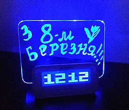 LED годинник з дошкою для записів і маркером 4 USB Синє підсвічування - мініатюра 2