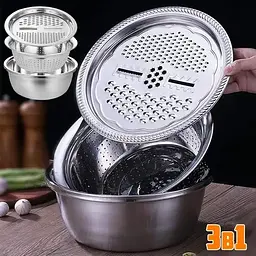 Кухонний набір Metal Basket Cutter багатофункціональний, з неіржавкої сталі миска, друшляк і тертка 3 в 1 - мініатюра 3