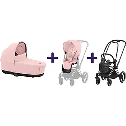 Люлька Cybex Priam Lux Peach Pink + Текстиль для прогулянкового блоку Cybex Priam Peach Pink + Шасі Cybex Priam з каркасом LS RBA Chrome Black